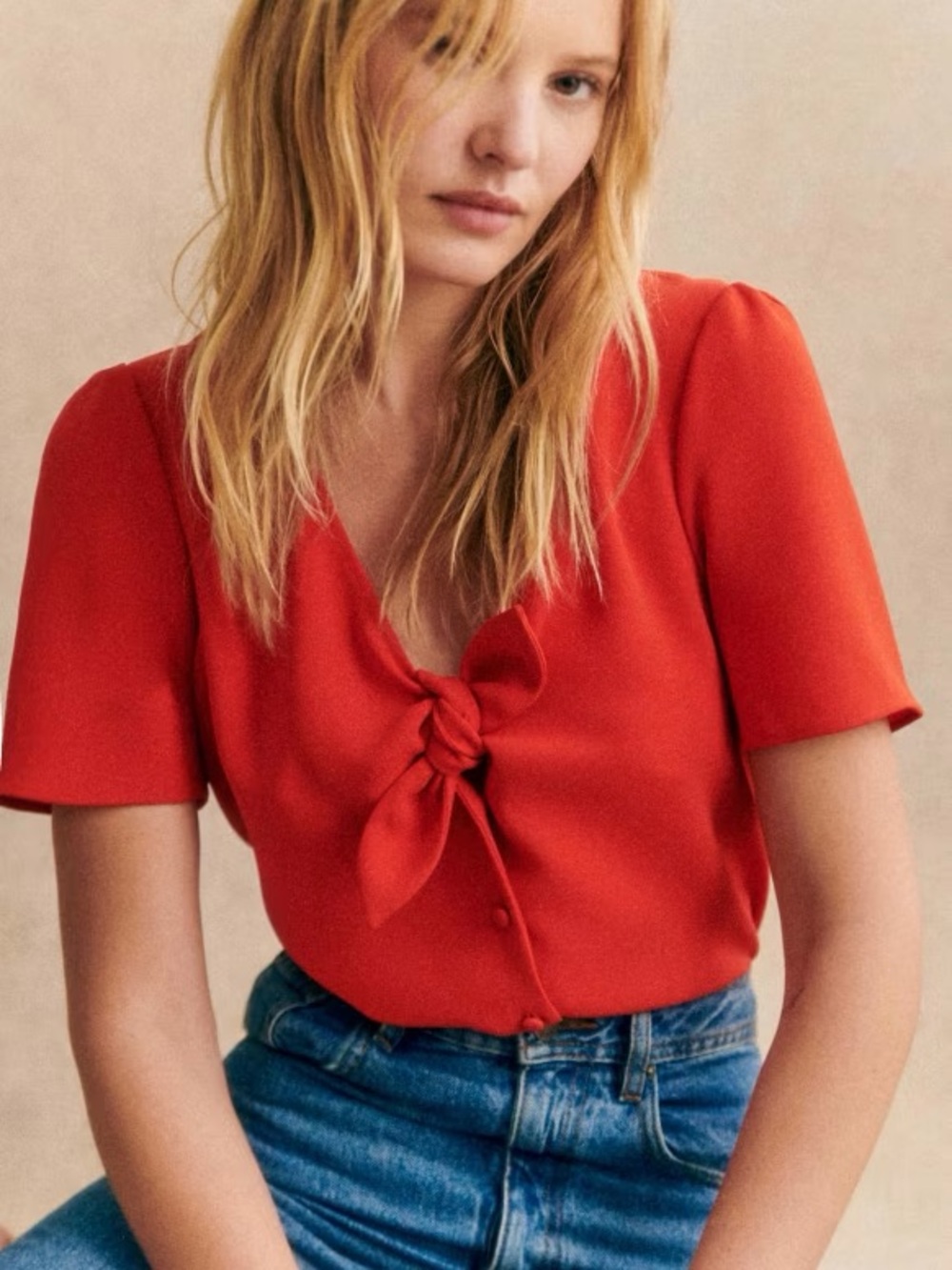 Sezane Red Eloine Tie-Front V-Neck Blouse - EUC!